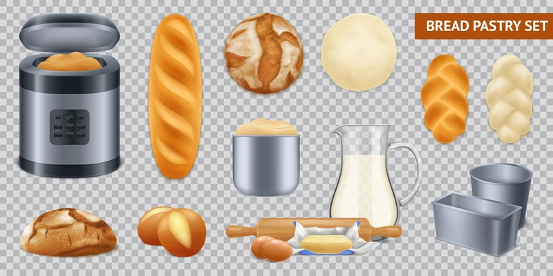 Realistic bread pastry transparent set with isolated images of loafs and kitchenware for baking with breadmaker vector illustration