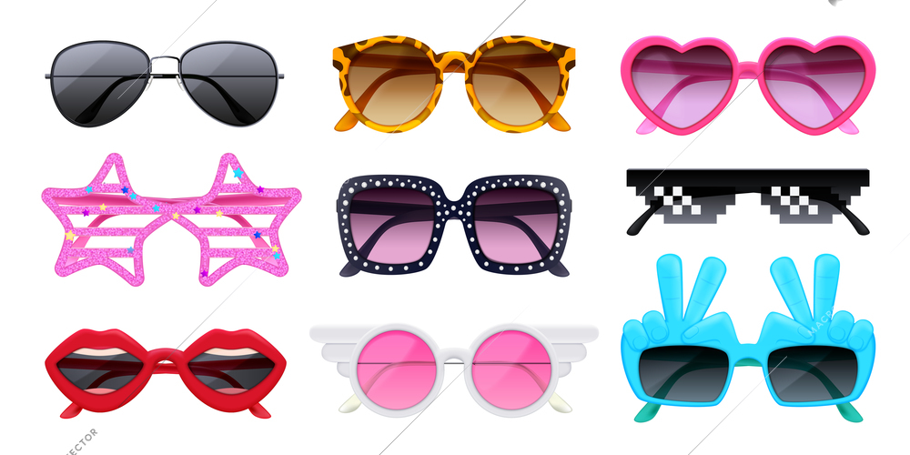 Realistic set of trendy male female and childish sunglasses isolated vector illustration