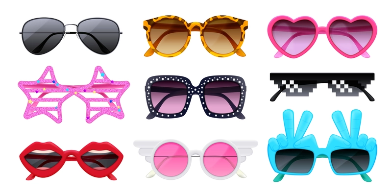 Realistic set of trendy male female and childish sunglasses isolated vector illustration