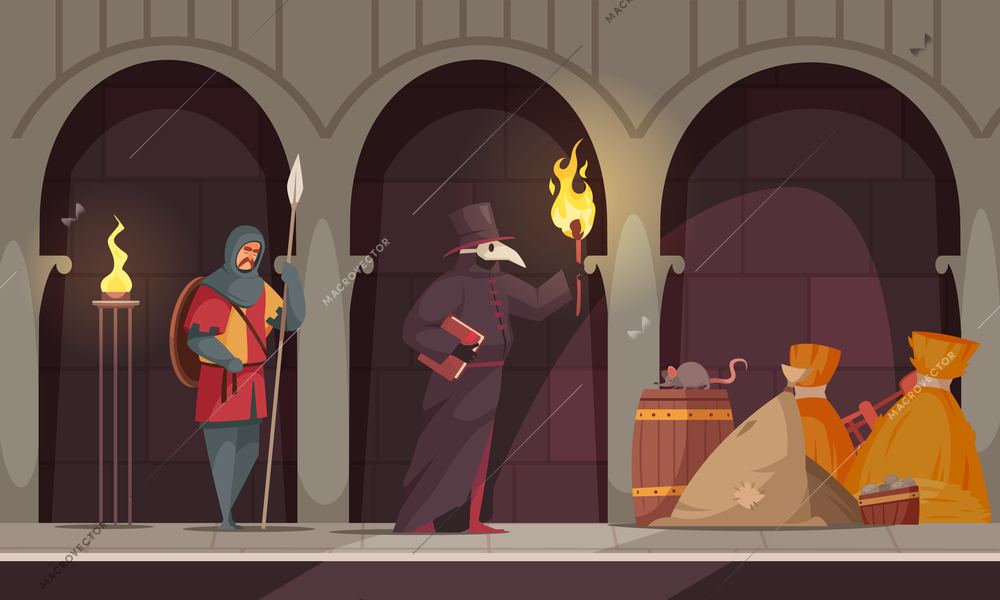 Medieval people plague healer composition with two people in the corridors of a medieval castle vector illustration