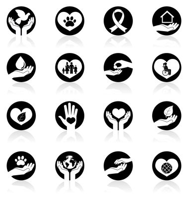 Charity donation social services emblems and volunteer black icons set isolated vector illustration