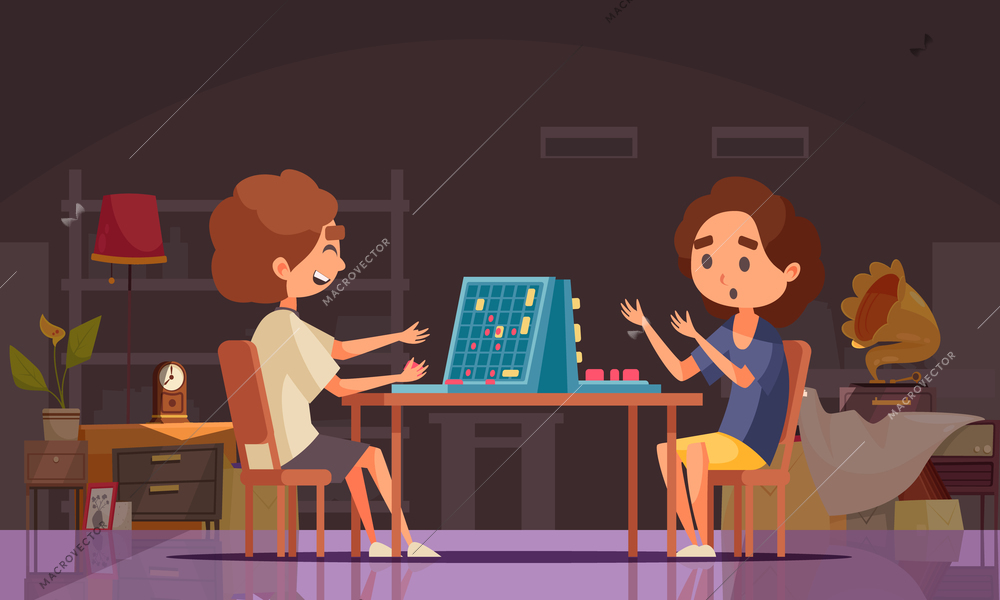 Board games sea battle composition with two young persons playing a board game at home vector illustration