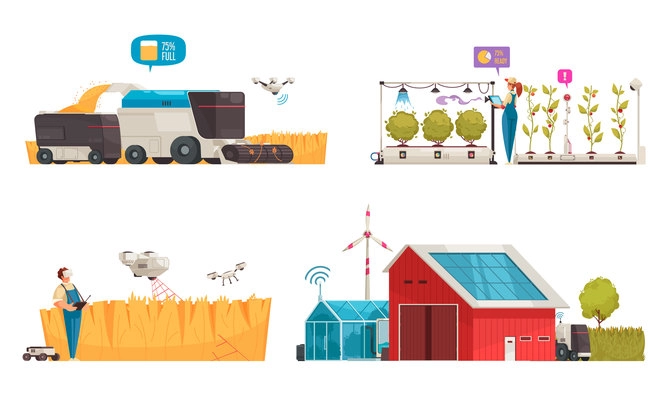 Smart farm set with isolated compositions of automated vehicles and modern farming solutions with clean energy vector illustration