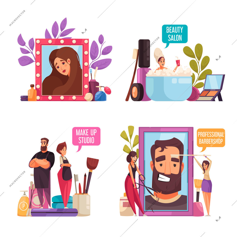 Makeup beautician stylist set with four isolated compositions of flat human characters cosmetic products and text vector illustration