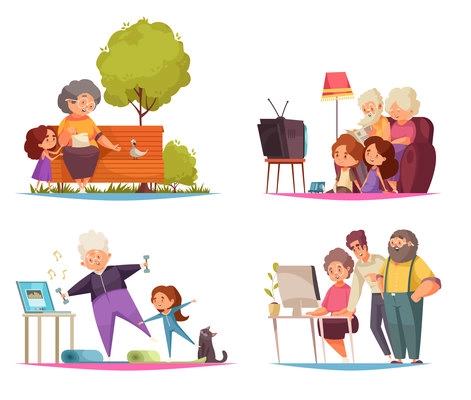 Grandma and grandpa concept icons set with leisure and pastime symbols flat isolated vector illustration