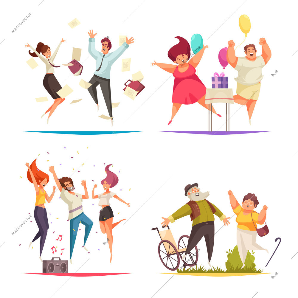 Jumping people concept icons set with fun symbols flat isolated vector illustration