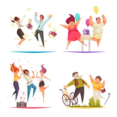 Jumping people concept icons set with fun symbols flat isolated vector illustration