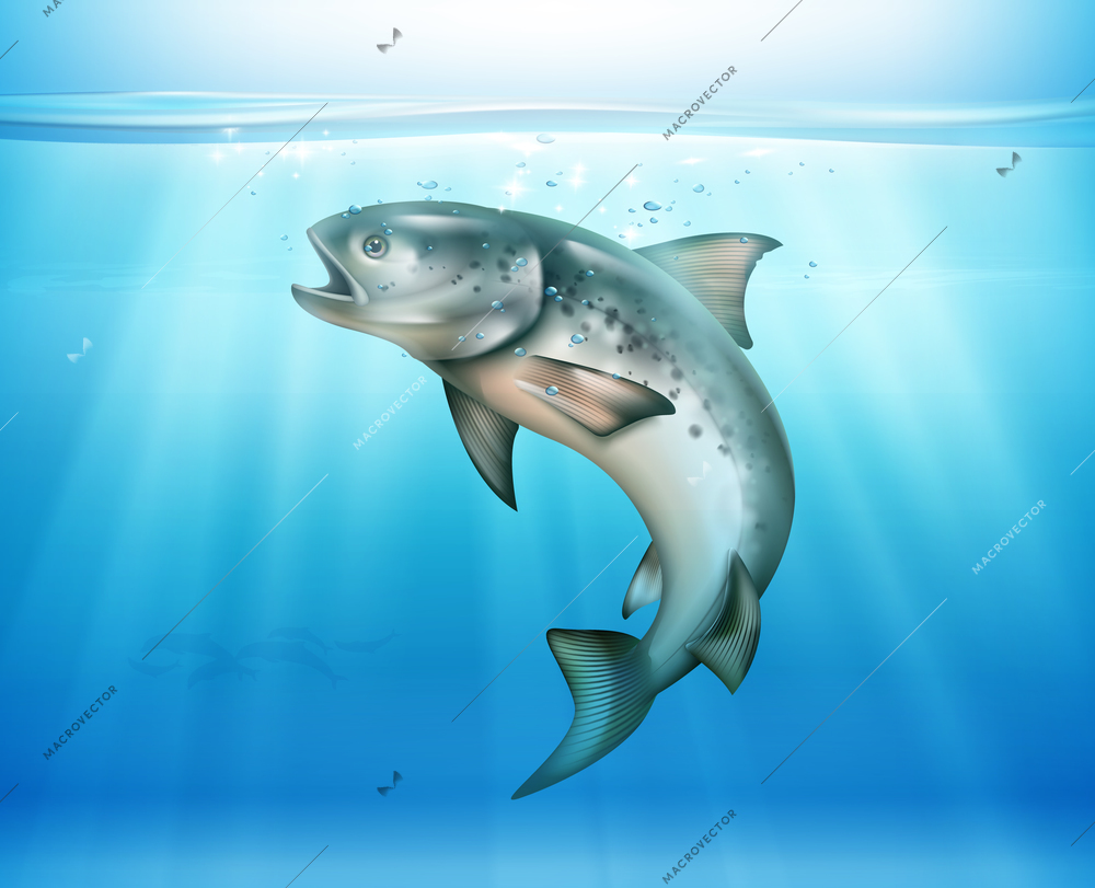 Jumping fish underwater blue background illuminated by solar rays realistic vector illustration