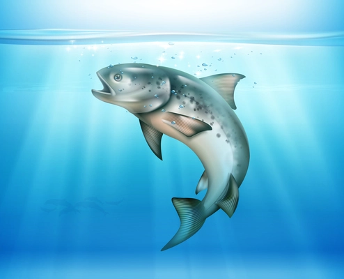 Jumping fish underwater blue background illuminated by solar rays realistic vector illustration