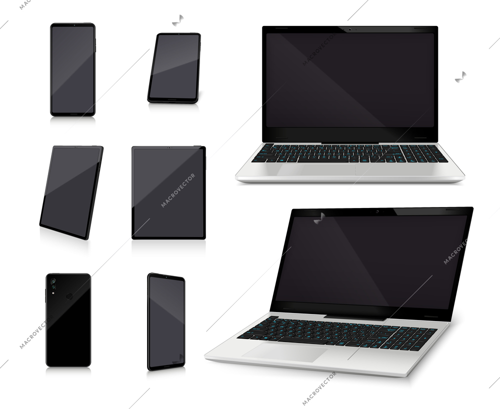 Laptop and smartphone mockups with empty black glossy screens realistic set on white background isolated vector illustration