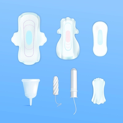 Feminine hygiene objects for menstruation set realistic isolated vector illustration