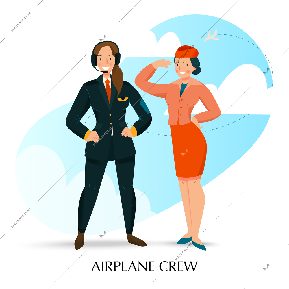 Female job composition with airplane crew symbols flat vector illustration