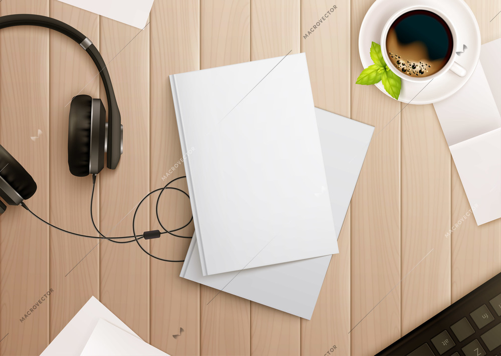 Books mockup composition with realistic images of copybooks headphones and coffee on top of wooden table vector illustration