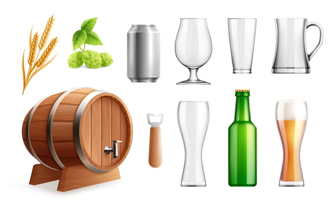 Beer realistic set with isolated icons and empty glass images with hop plants barrel and bottle vector illustration