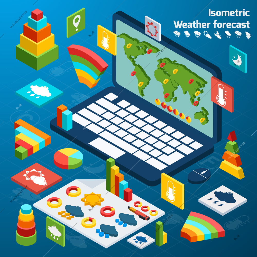 Weather forecast isometric icons buttons set with open laptop vector illustration