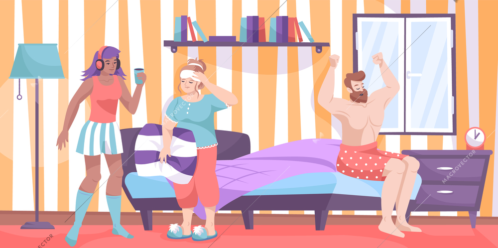 Home clothes flat composition with three people in room and guy stretching on bed two girls talking  vector illustration