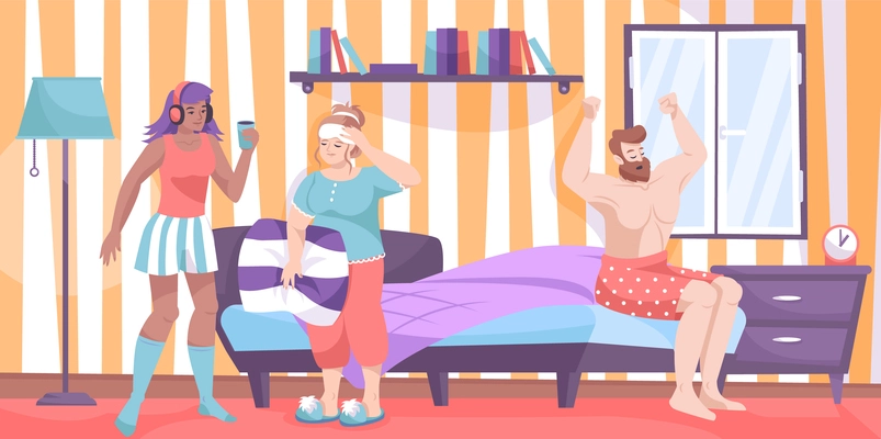 Home clothes flat composition with three people in room and guy stretching on bed two girls talking  vector illustration