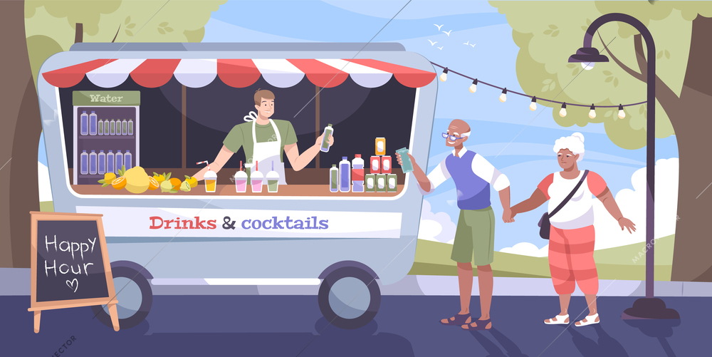 Cool drink street flat concept with old couple buy a bottle of water in food truck vector illustration