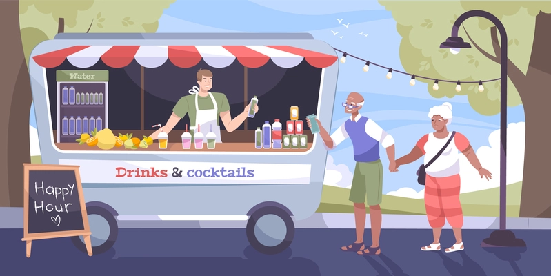 Cool drink street flat concept with old couple buy a bottle of water in food truck vector illustration