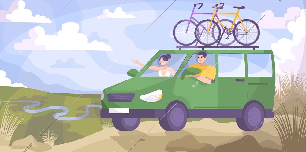 Bike tourism car flat and colored composition green minivan goes for a ride vector illustration