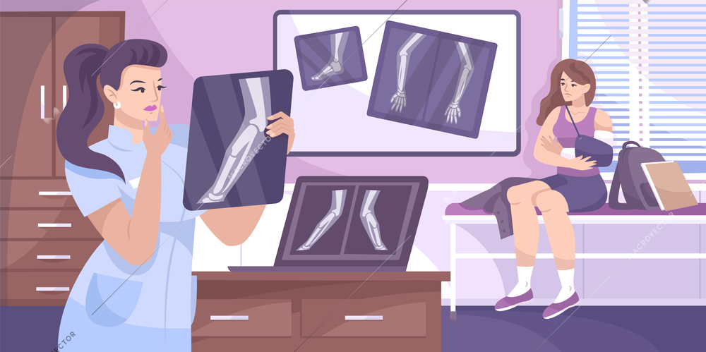X ray fracture composition doctor examines an x-ray of his patient with a bruised arm vector illustration