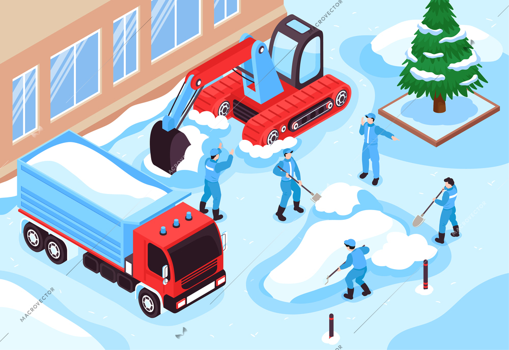 Isometric cleaning road composition with snow clearing equipment vehicles excavator and truck with team of workers vector illustration