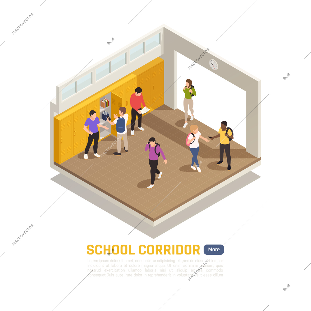 High school students in corridor during break 3d isometric composition vector illustration