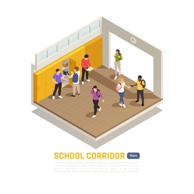 High school students in corridor during break 3d isometric composition vector illustration