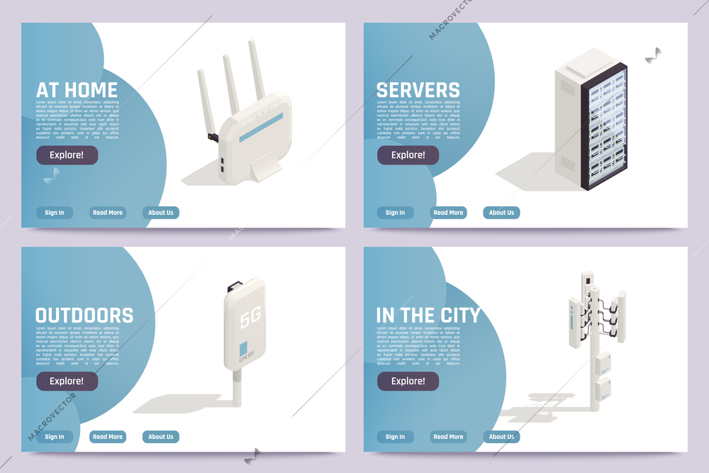 Home internet providers outdoor secure network access wireless routers servers accessoires 4 isometric web banners vector illustration