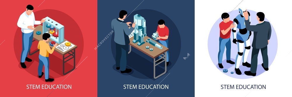 Isometric stem education design concept set with square compositions of human characters lab equipment and text vector illustration