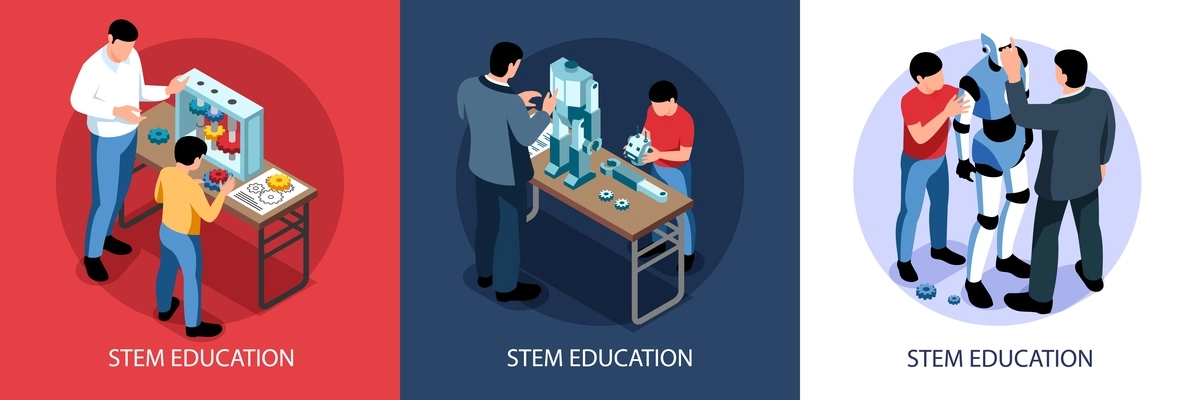 Isometric stem education design concept set with square compositions of human characters lab equipment and text vector illustration