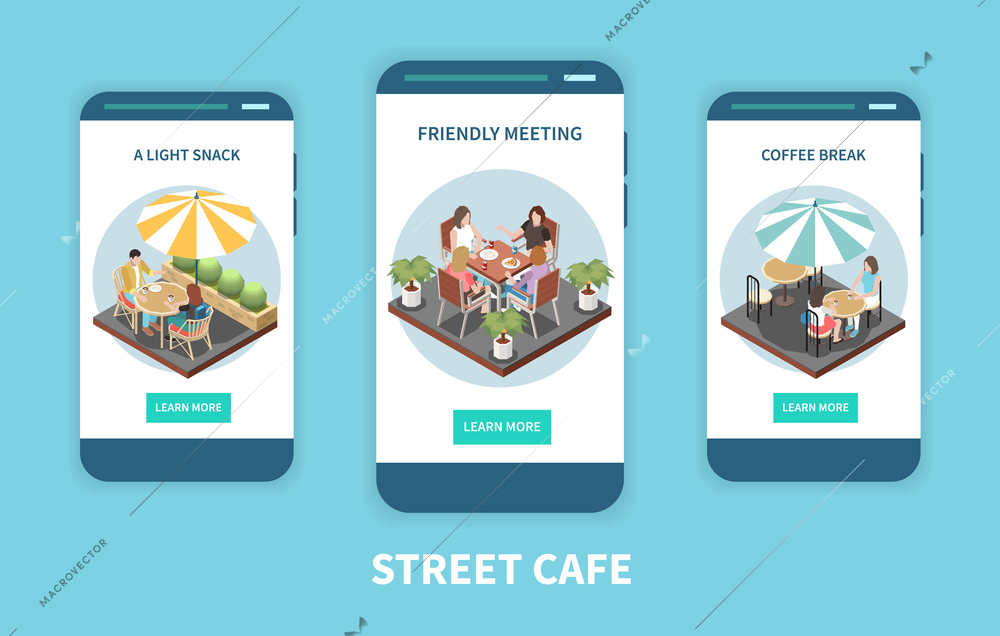 Three street cafe terrace isometric banner set with a light snack friendly meeting and coffee break headlines vector illustration