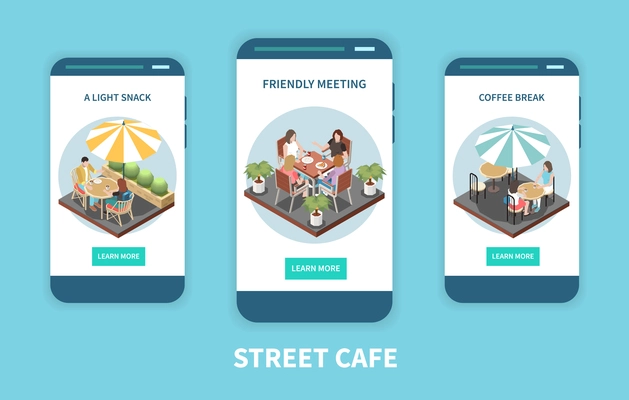 Three street cafe terrace isometric banner set with a light snack friendly meeting and coffee break headlines vector illustration