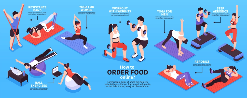 Isometric home fitness infographics with isolated human postures different sport exercises editable text captions with arrows vector illustration