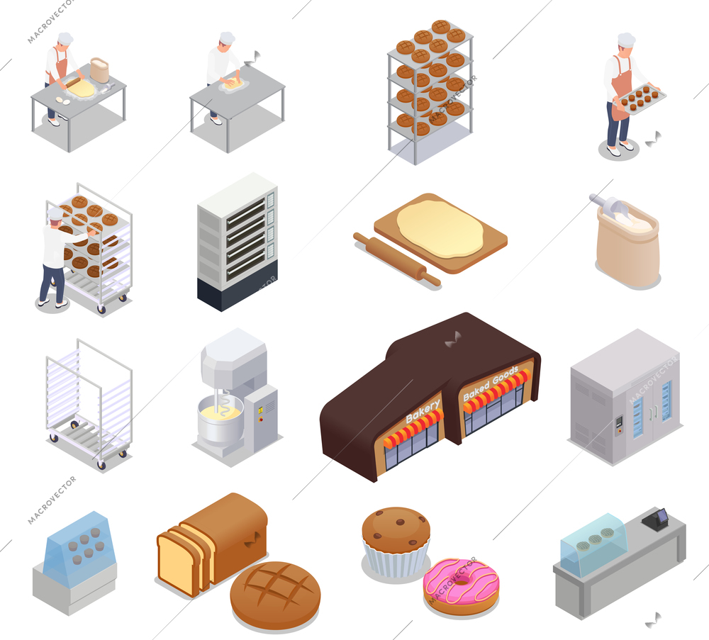 Isometric icons set with baked bread desserts bakers bakery building and equipment isolated on white background 3d vector illustration