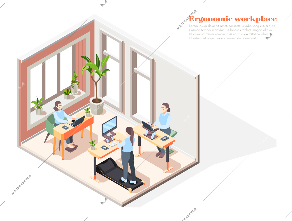 Modern office interior with ergonomic sit and stand desk workstations and three employees isometric vector illustration