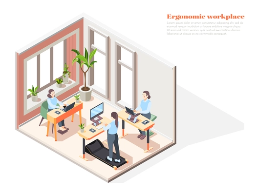 Modern office interior with ergonomic sit and stand desk workstations and three employees isometric vector illustration