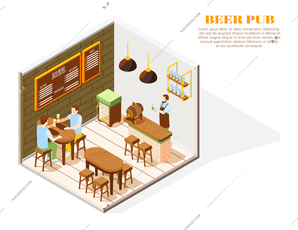 Beer pub interior isometric composition with holding glass bartender menu board cooler oak  barrel customers vector illustration