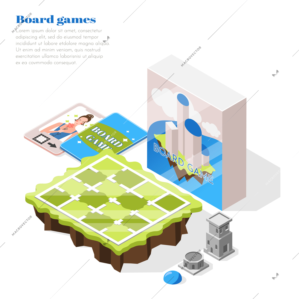 Board games isometric background with playing  field packing box and brochure with description vector illustration