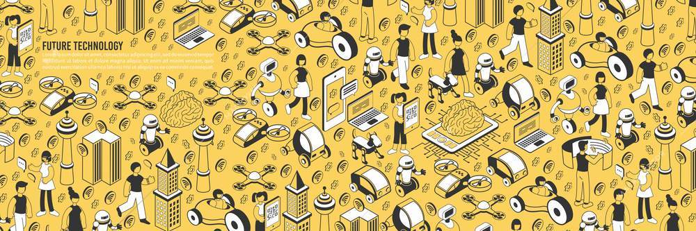 Future technology isometric pattern with yellow background text and isolated icons of gadgets buildings and people vector illustration