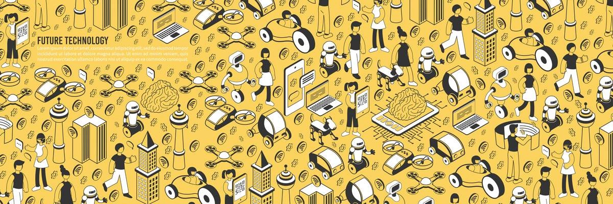 Future technology isometric pattern with yellow background text and isolated icons of gadgets buildings and people vector illustration