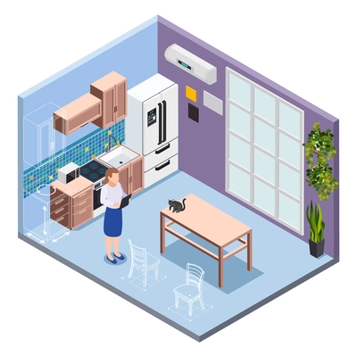 Professional designer working in modern kitchen interior with furniture and household isometric vector illustration