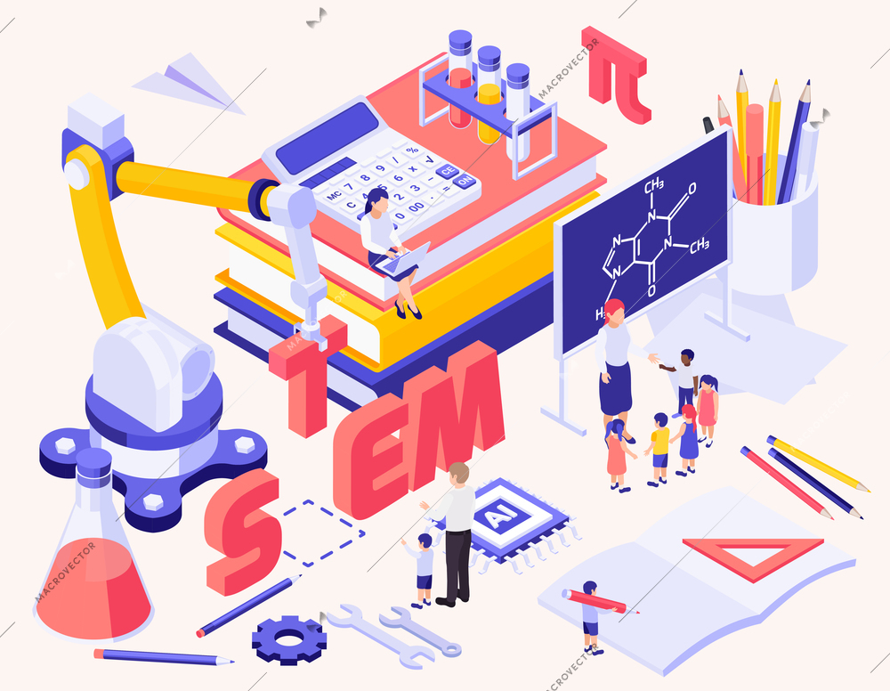 STEM education isometric background with stationery items calculator creative toys and little characters of children and teacher near blackboard vector illustration