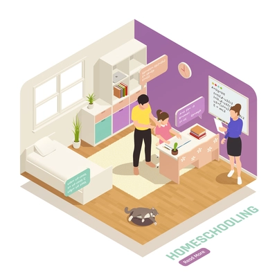 Isometric homeschooling composition with girl studying online at home 3d vector illustration