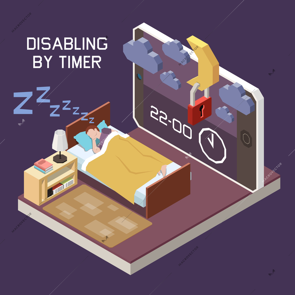 Parental digital control limiting screen time isometric composition with disabled by timer smartphone sleeping kid vector illustration