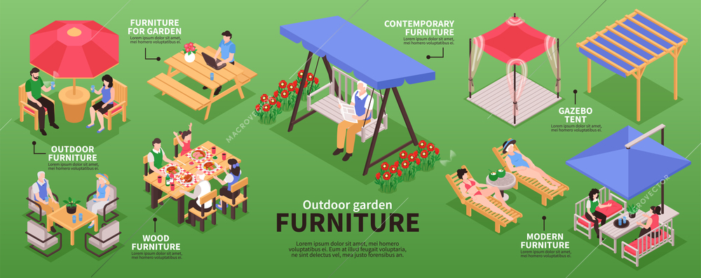 Isometric garden furniture infographics with editable text captions arrows and images of wooden lounge and tents vector illustration