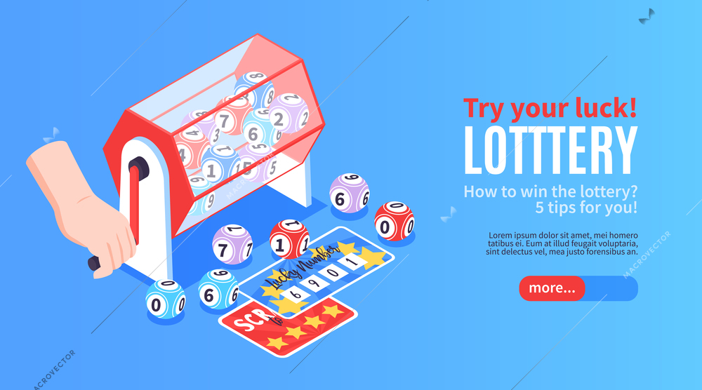 Isometric fortune lottery win horizontal banner with images of prize tickets drawing balls and editable text vector illustration