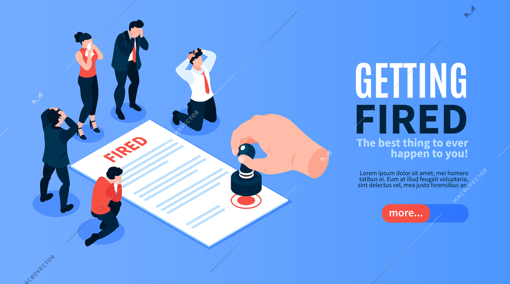 Isometric dismissal horizontal banner with editable text slider button and group of sad workers with contract vector illustration