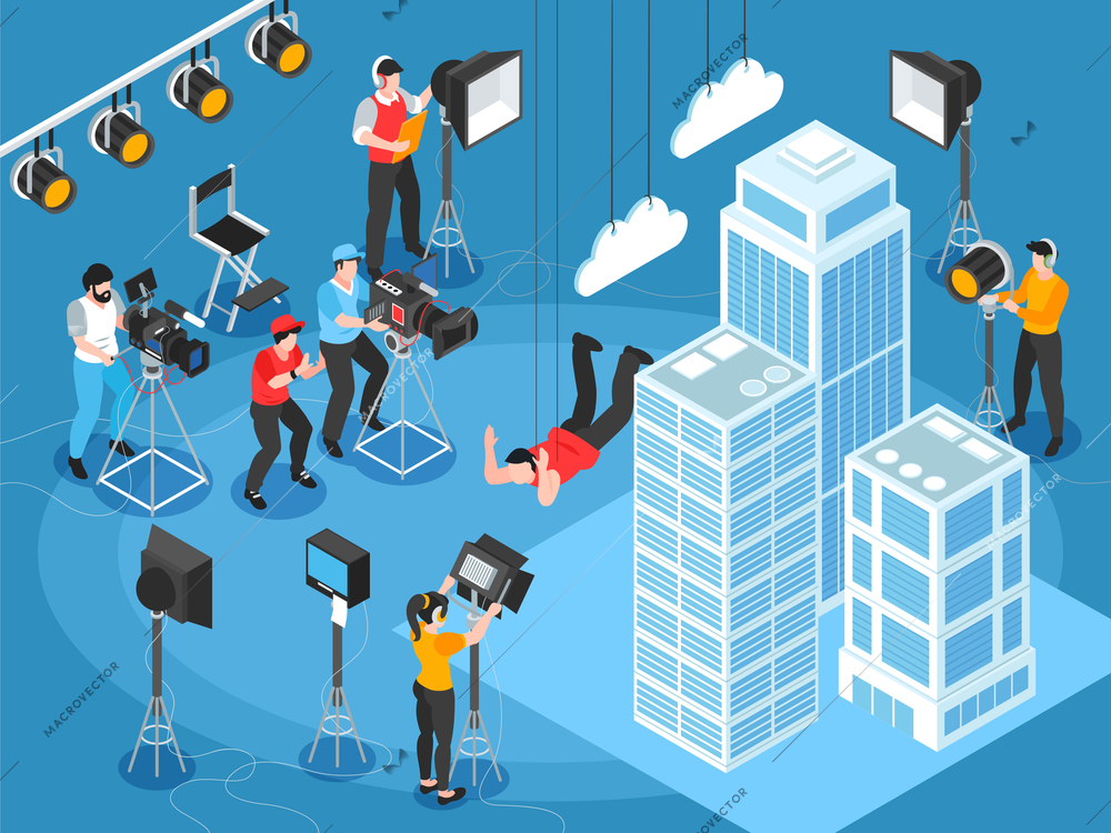 Isometric cinematography composition of film set scenery with skyscrapers and characters of lighting and camera operators vector illustration