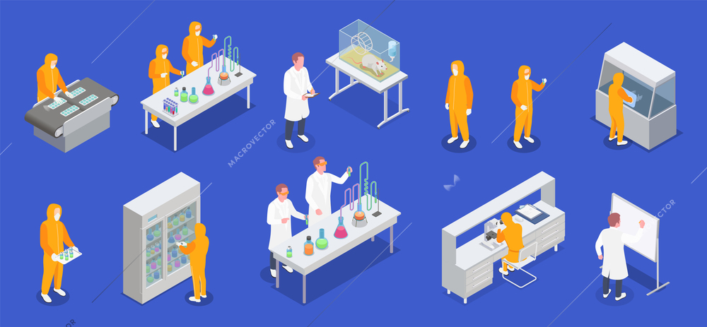 Pharmaceutical production isometric set of laboratory equipment icons and human characters of scientists in biohazard suits vector illustration